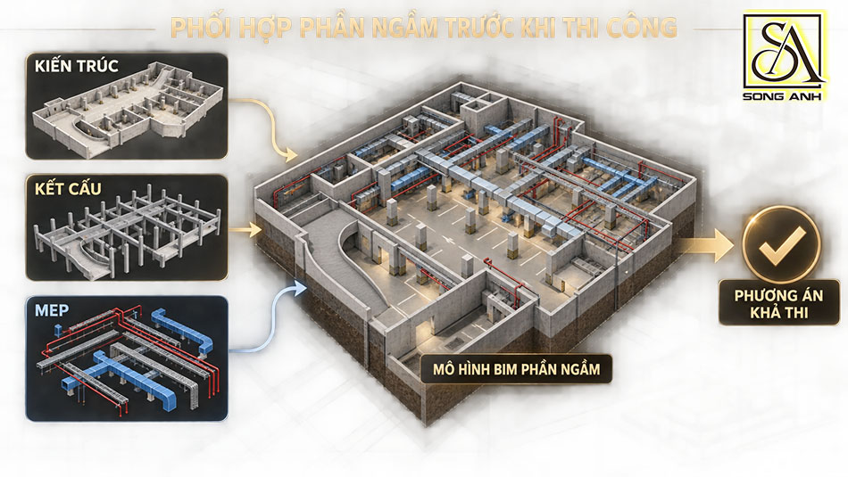 Phối hợp Kiến trúc, Kết cấu và MEP trong mô hình BIM phần ngầm